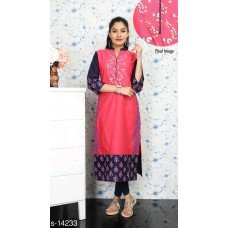 Riya Pink Blue Block Print Straight Kurta